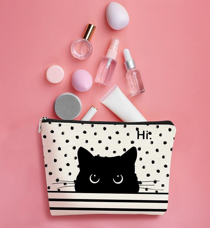 Cat Makeup Bag - Black Cat Purse, Small Cute Makeup Bag Cosmetic Bag For Women & Teen Girls, Cat Lady Gifts For Women (Polka Dot)