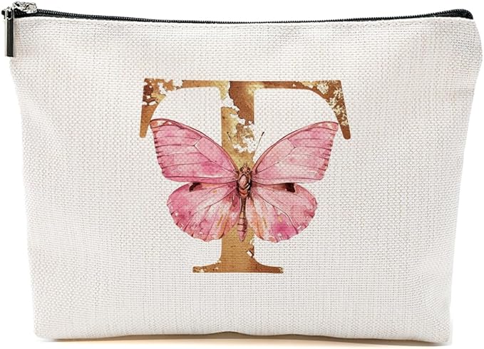 Initial Makeup Bag Pink Butterfly T Personalized Cosmetic Bag Monogrammed Gifts for Women Girls Friend Bestie Monogram Zipper Pouch for Friendship Mothers Day Birthday Wedding Bridal Shower Gifts