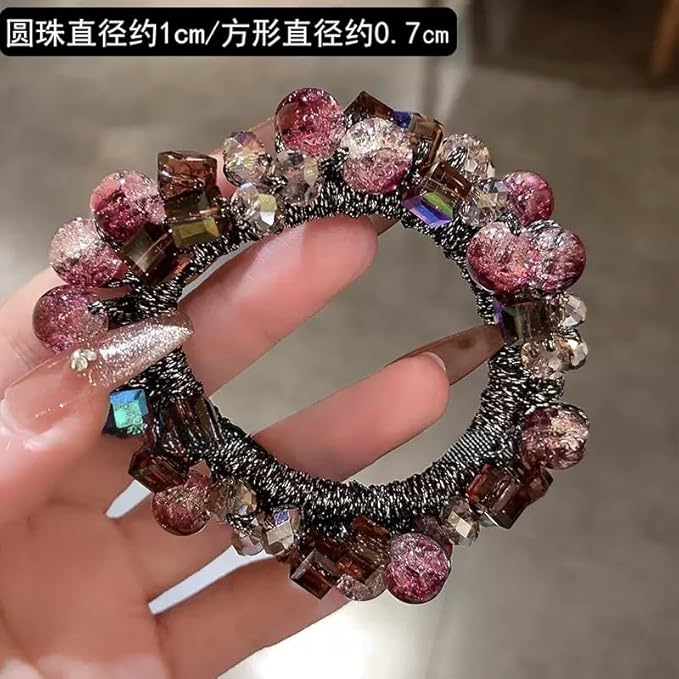 Crystal Beaded Hair ties Scrunchies, Pink and Blue Glass Beads, Black Elastic Band, 2 Pack hair accessories for women。