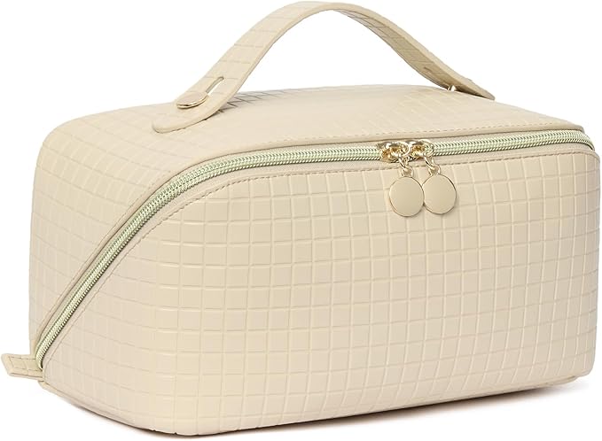 Telena Leather Make Up Bag Portable Travel Makeup Bag Waterproof Cosmetic Bags for Women Large Capacity With Handle and Divider Open Flat