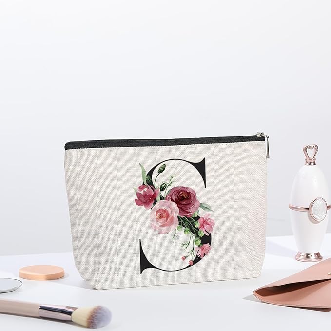 Initial Makeup Bag, Personalized Gifts for Women, Bridesmaid Gifts, Birthday Gifts for Women Mom, Gifts for Best Friend, Bride Bridesmaid Cosmetic bag (Letter S)