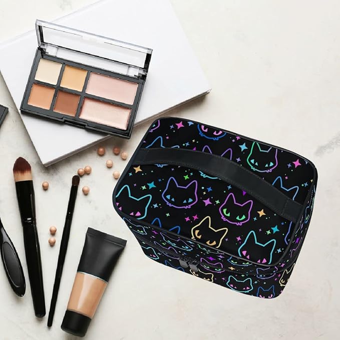 Goth Makeup Bag, Colorful Neon Cat Heads Makeup Organizer Bags Toiletry Bag Box Travel Cosmetic Bag Make Up Train Case for Women Teen Girl Ladies