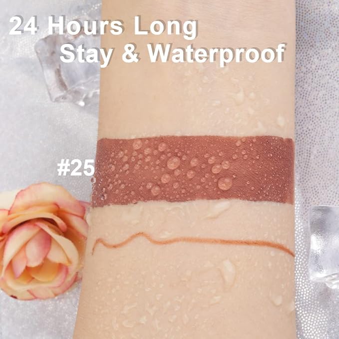 2pcs Rose-Beige Lip Liner and Lipstick Makeup Set, Nude Matt Liquid Brown Lipstick 24H Waterproof Long Lasting Matt Lip Kit (#25)