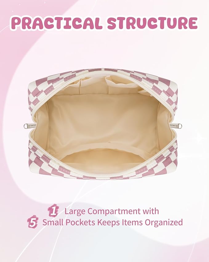 Narwey Birthday Gifts for Teen Girls Kids Women Personalized Initial Checkered Makeup Bag Pink Monogram Cosmetic Bag Trendy Stuff 6 8 10 11 12 13 14 16 18 Years Old Travel Toiletry Bag (Dusty Rose P)