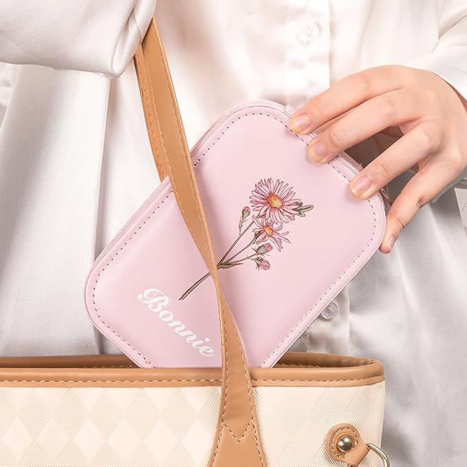 Custom Birth Flower Travel Makeup Bag With LED Mirror Leather Personalized Name Makeup Organizer Portable Jewelry Organizer Case Birthday Christmas Gifts For Women Daughter Mother