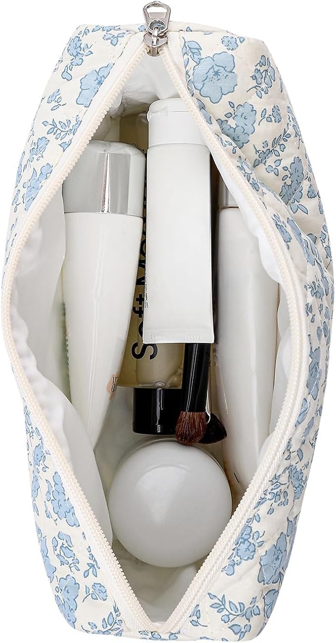 Alphabet Makeup Bag Cosmetic Bag for Women, Christmas Gifts for Age 11-18, Personalized Floral Coquette Travel Bag, Trendy Stuff Zipper Make Up Pouch Organizer Bag (Blue Floral S)