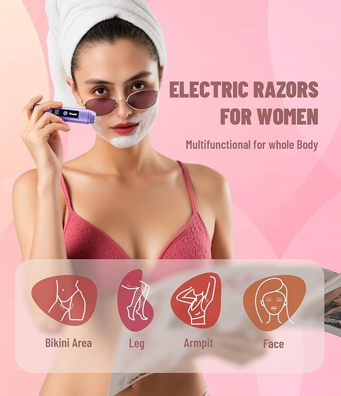 Electric Bikini Trimmer for Women: Razor & Shaver with Dual Heads for Body Pubic Hair, IPX7 Waterproof with LED Display - Rechargeable Lady Trimmer for Underarm Body Leg Face - Sky Blue