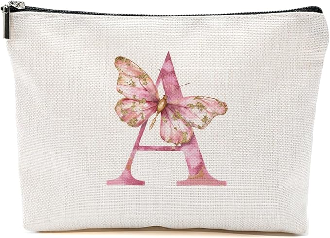 Initial Makeup Bag Pink Butterfly A Personalized Cosmetic Bag Monogrammed Gifts for Women Girls Bride Bridesmaid Monogram Zipper Pouch for Friendship Mothers Day Birthday Wedding Bridal Shower Gifts
