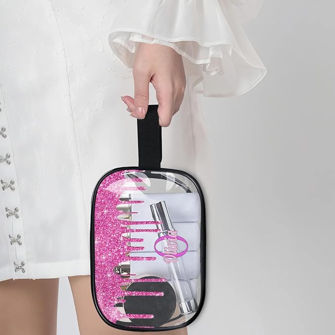 Custom Name Transparent Makeup Bag Travel, Clear Toiletry Bag Travel Large Capacity PVC Cosmetic Container Organizer for Shampoo, Deep Pink Water Fluid Shape Glittering