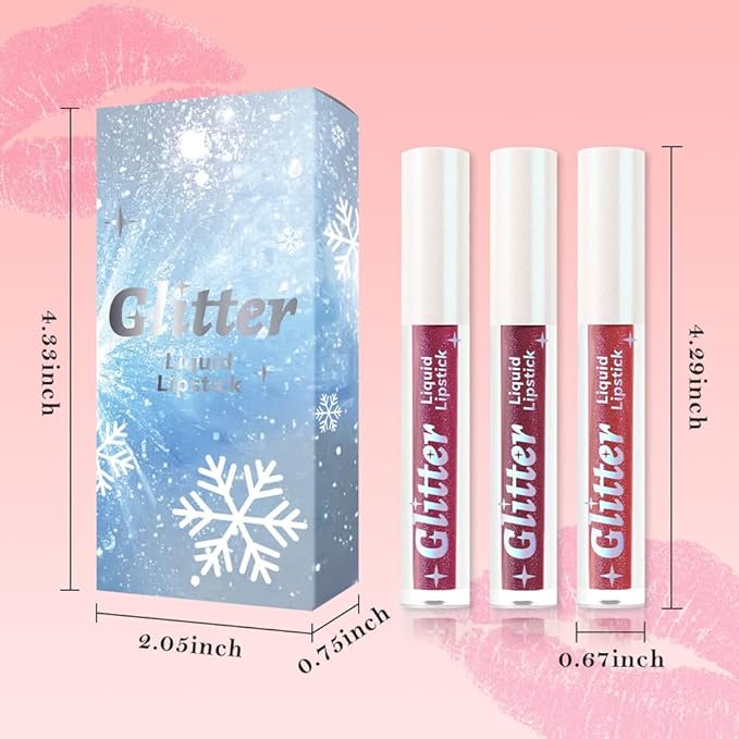AMY'S DIARY 3Pcs Glitter Liquid Lipstick Set – Electric Purple, Plum Wine, Rose Pink – Shimmer Metallic Lip Gloss, Long-Lasting Waterproof Lip Color, High Shine Sparkle Makeup for Women(Set D)