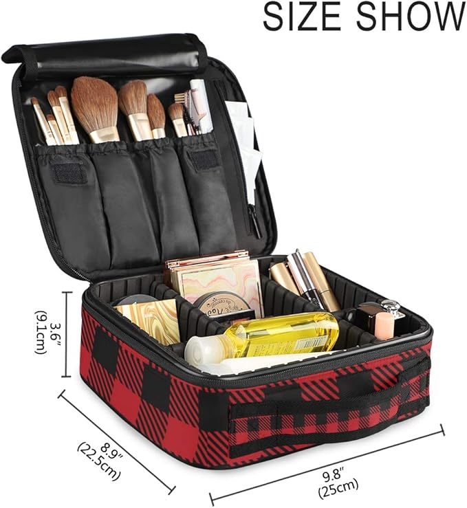 ALAZA Travel Makeup Case, Black and Red Lumberjack Plaid Cosmetic toiletry Travel bag for Women Girls