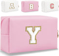 Small Personalized Letter Makeup Bag, Cute PU Leather Chenille Letters Cosmetic Bag Travel Makeup Pouch, Preppy Travel Organizer Zipper Pouch for Women&Girls（Pink-Y）