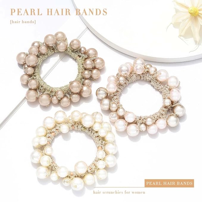 Fashey Pearl Hair Scrunchies Beaded Hair Ties Elastic Hair Bands Ponytail Holder Hair Accessories for Women and Girls（Pack of 3）