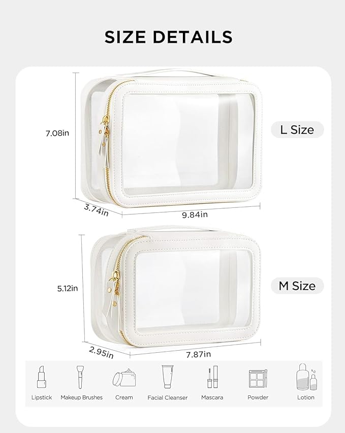 HBlife Clear Makeup Bag Organizer Set, Portable Travel Toiletry Cosmetic Case for Women, Large Make Up Bag Makeup Train Case Transparent Storage Pouch with Handle(White)