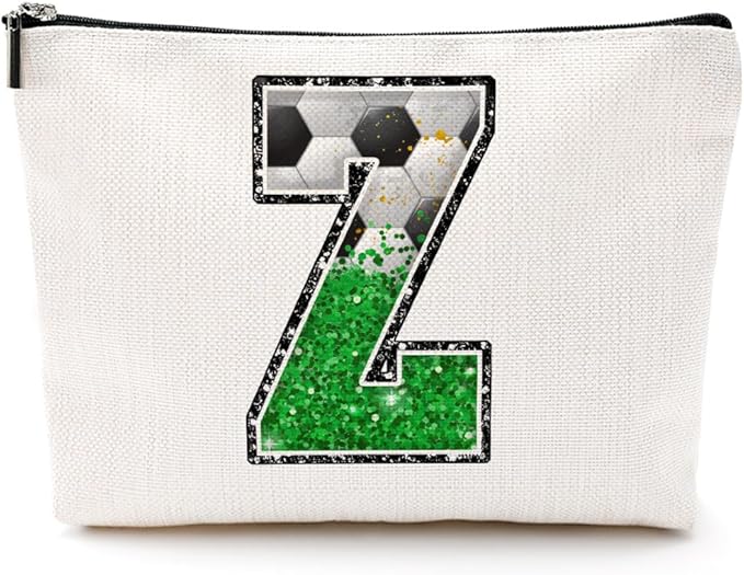 Soccer Gifts Initial Makeup Bag Monogrammed Cosmetic Bag Letter Z Zipper Pouch Soccer Accessories for Girls Women Player Coach Friend Stuff Graduation Birthday Gifts