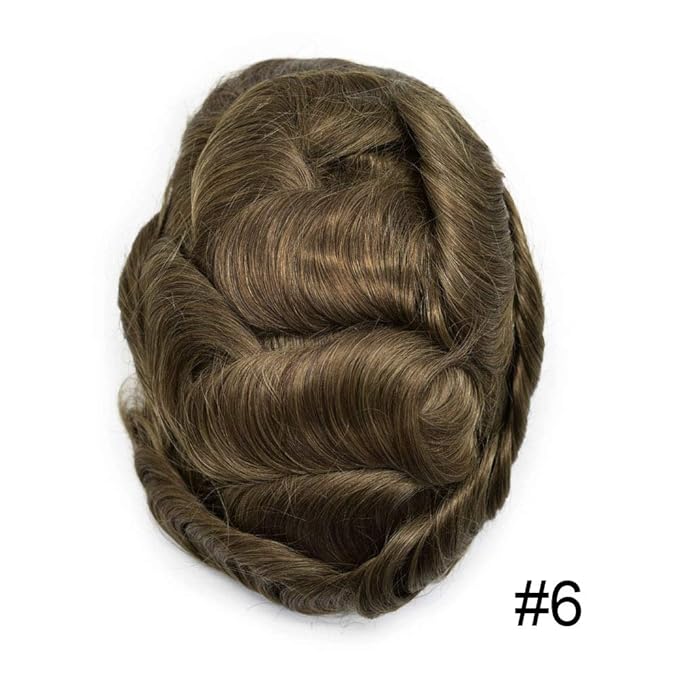 Mens Toupee Human Hair Piece French Lace Toupee for Man Hair System Indian Human Hair Replacement Systems V-Looped PU Front Hairpieces 7"X9" 6# LIGHT BROWN
