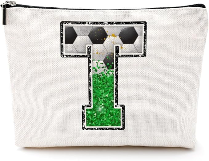 Soccer Gifts Initial Makeup Bag Monogrammed Cosmetic Bag Letter T Zipper Pouch Soccer Accessories for Girls Women Player Coach Friend Stuff Graduation Birthday Gifts