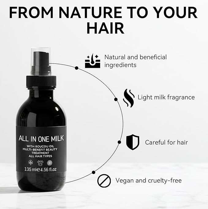Hair Milk Spray, Nourishes Hair Detangler Conditioner, Repairs Dry, Damage & Split Brittle Strands, All in One Leave-In Mist for All Hair Types, Cruelty Free Refreshing Formula, 4.56 Fl Oz