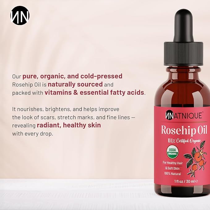 Natnique Organic Rosehip Seed Oil, 1 oz – USDA Certified Cold-Pressed Moisturizer for Face, Skin & Hair – Natural Hydrating Serum for Wrinkles & Fine Lines – Ideal for Gua Sha Massage & Radiant Glow