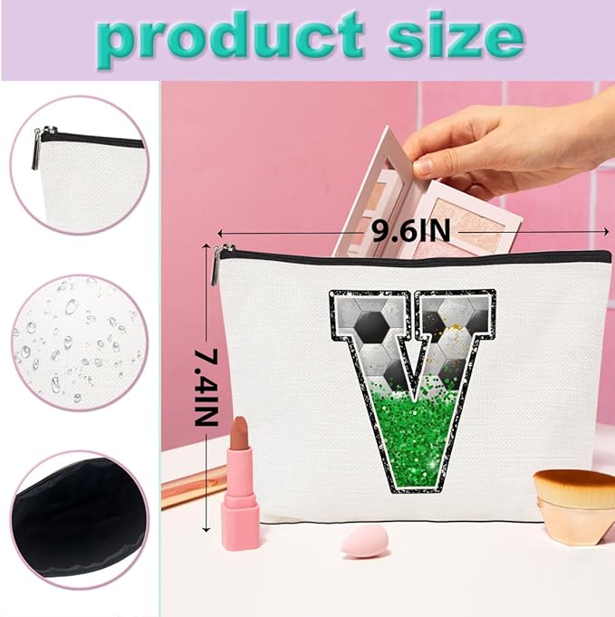 Soccer Gifts Initial Makeup Bag Monogrammed Cosmetic Bag Letter V Zipper Pouch Soccer Accessories for Girls Women Soccer Player Coach Friend Soccer Stuff Graduation Birthday Gifts