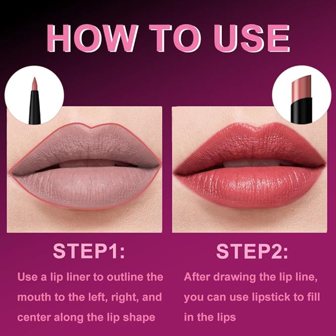 2Pcs 2 in 1 Matte Rose Lip Liner and Lipstick Combo Set for Women,Lipstick Stain Lip Liner for Daily & Party Long Lasting Waterproof Smudge Proof 24 Hour Full Coverage Vegan Lip Makeup Kit