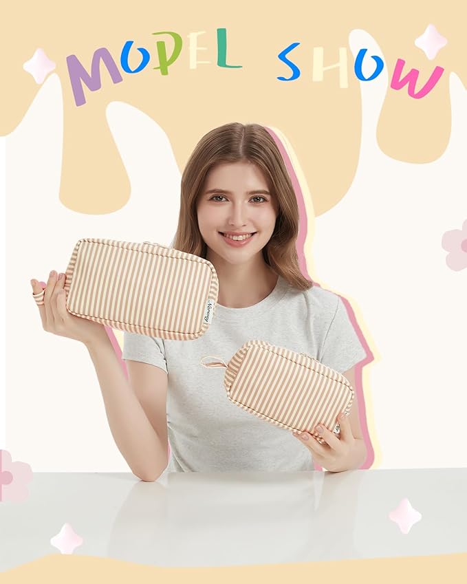 Narwey Cute Makeup Bag Small Toiletry Bag Travel Cosmetic Bag Organizer Make Up Bags with Organized Pockets for Women (Brown Stripe, Large)