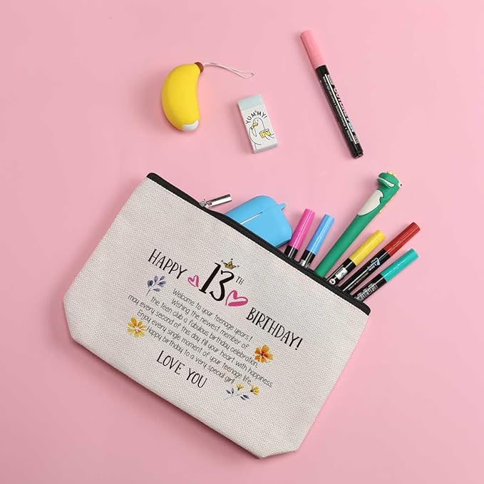 13th Birthday Gifts for Girls Makeup Bag Best Gift Ideas for 13 Year Old Girl Great Teenage Girls Gifts for Her Daughter Granddaughter Sister Bestie Cute Cosmetic Bag Happy Birthday Gift from Mom