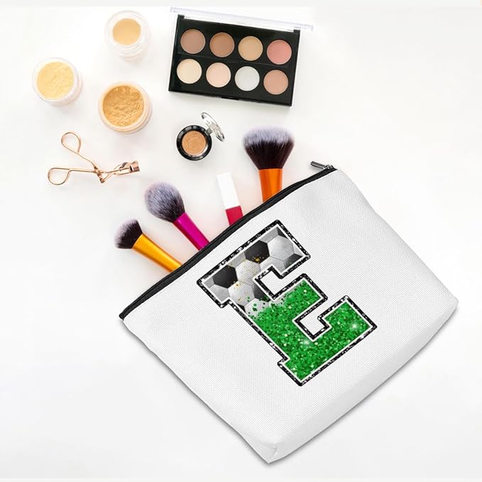 Soccer Gifts Initial Makeup Bag Monogrammed Cosmetic Bag Letter E Zipper Pouch Soccer Accessories for Girls Women Player Coach Friend Stuff Graduation Birthday Gifts