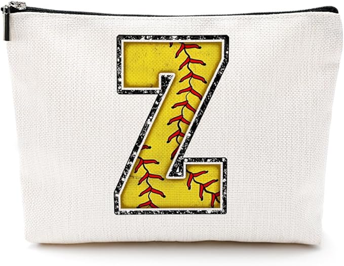 Softball Gifts Initial Monogrammed Cosmetic Bag Letter Z Zipper Pouch for Girls Women Softball Player Coach Friend Graduation Birthday Gifts