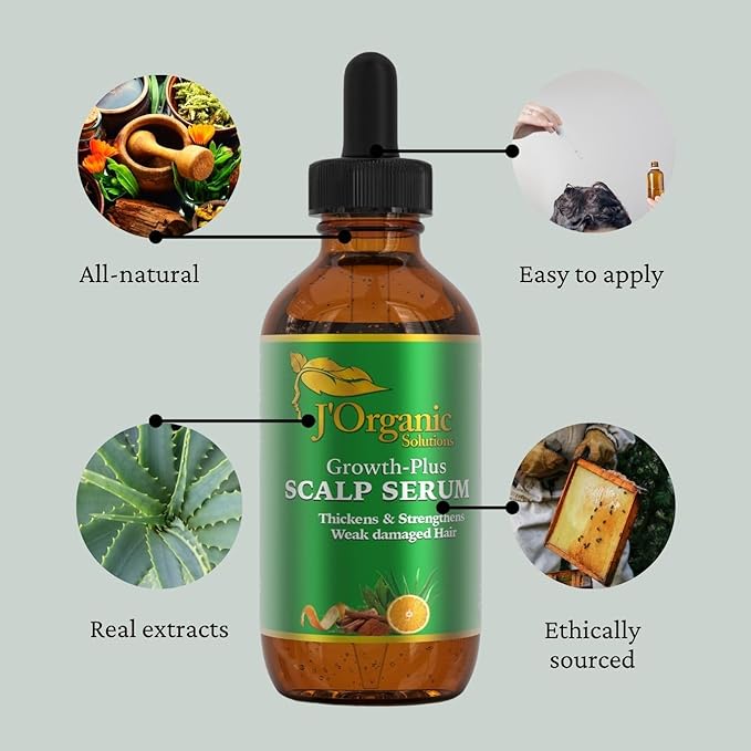 J'Organic Solutions Growth-Plus Scalp Nourishing Oil – Natural Hair Serum for Thicker Edges & Healthy Scalp (2 oz)
