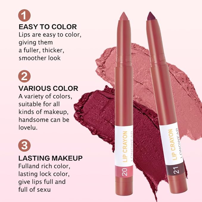 BINGBRUSH Matte Lip Crayon Set – Longwear, Waterproof, Velvet Finish, Built-in Sharpener, Smooth Lip Liner & Gloss (20#+21#, 2 Count (Pack of 1))
