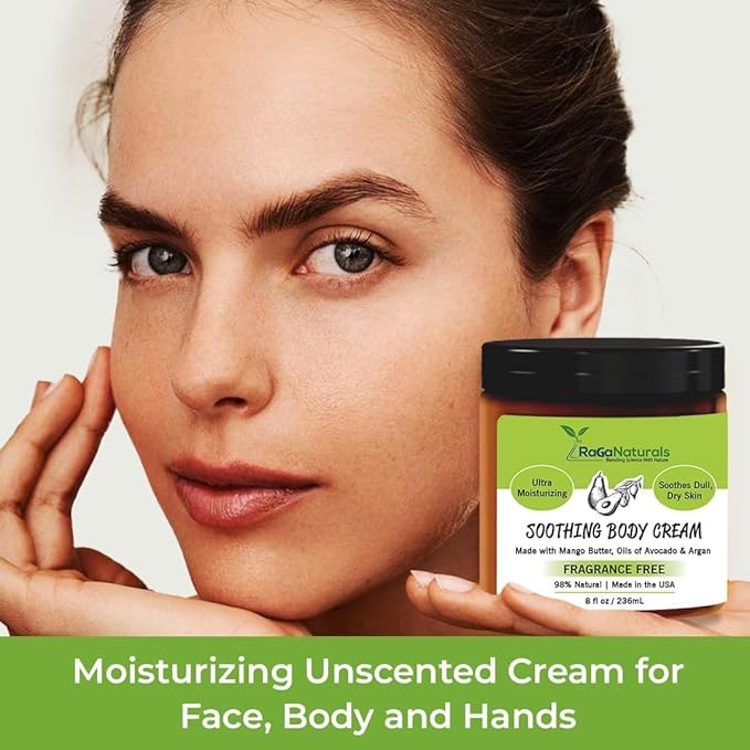 RaGaNaturals Mango Butter Moisturizing Hand & Body Cream for Dry to Very Dry, Sensitive Skin - Natural Vitamin E Face Cream - Non-Comedogenic, Unscented Lotion for Dry Skin for Women, Men, Baby - 8 Oz