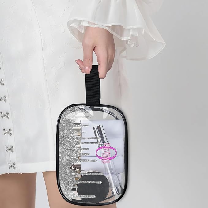 Custom Name Makeup Bag Travel Bag, Clear Toiletry Bag Travel Large Capacity Cosmetic Container Organizer for Shampoo, Shiny Stars Water Fluid Shape Silver Glittering