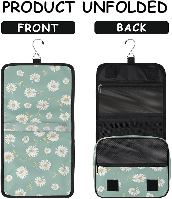 Travel Toiletry Bag for Women & Men Flower Daisy White Hanging Cosmetic Organizer Portable Waterproof Makeup Case Make Up Bag with Compartments Travel Essentials for Bathroom Shower
