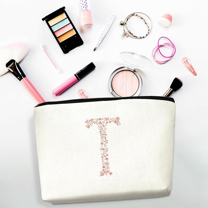 Initial Makeup Bag Floral T Personalized Cosmetic Bag Monogrammed Gifts for Women Girls Friend Bestie Monogram Zipper Pouch for Teacher Appreciation Mothers Day Birthday Wedding Bridal Shower Gifts