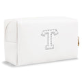 Bride Gifts – Personalized Initial Makeup Bag with Pearl Rhinestone Patch, Preppy White Monogram Cosmetic/Toiletry Pouch, bridesmaid Gifts, Bridal Shower Gifts, Wedding Gifts, Bridal Gifts,T