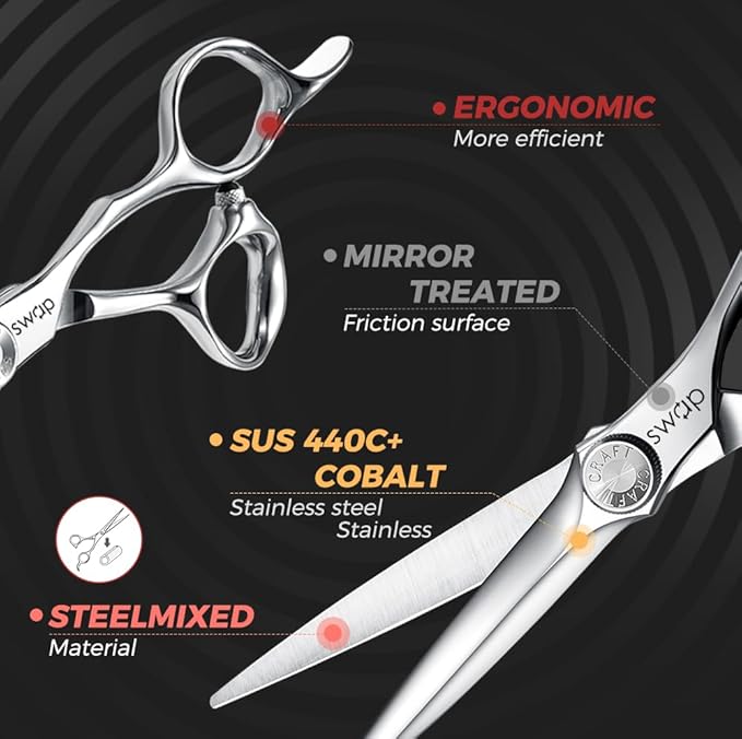 SWAP Professional Hair Cutting Scissors - 5.5'' Japanese SUS 440C Steel Barber Scissors, 60-62HRC Sharp Edge Blade with Adjustable Tension Screw for Salon & Home Use（5.5'' Hair Shears）