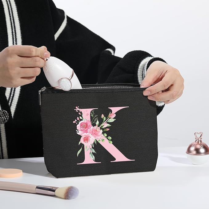 A-Z Personalized Cosmetic Bag Monogrammed Makeup Bags Bridesmaid Gifts Custom Toiletry Pouch Gifts for Women Mom Best Friend Sister Bride Bridesmaid (K)