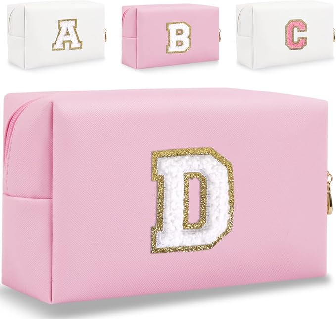 Small Personalized Letter Makeup Bag, Cute PU Leather Chenille Letters Cosmetic Bag Travel Makeup Pouch, Preppy Travel Organizer Zipper Pouch for Women&Girls（Pink-D）