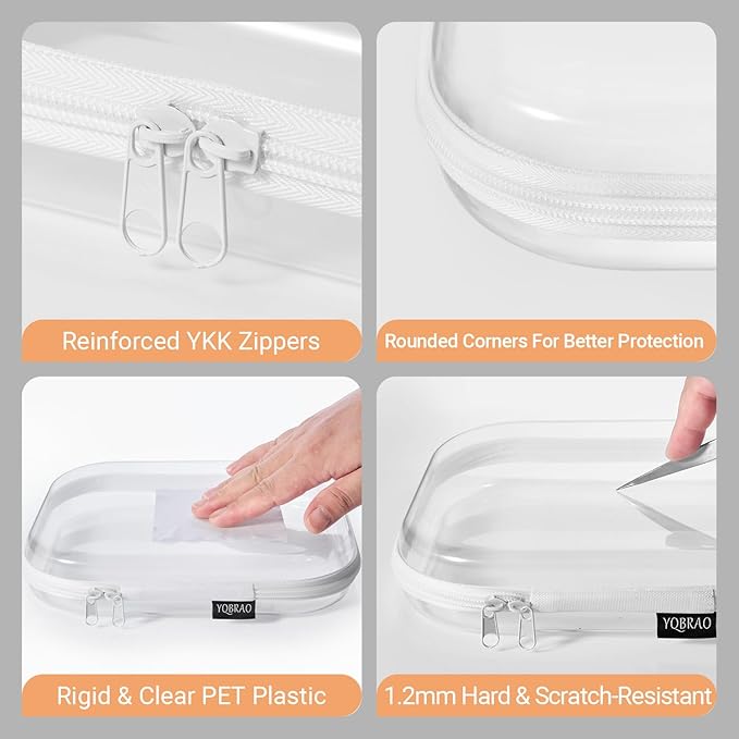 4 Pack Clear Hard Shell Zipper Case, See-Through Hard Plastic Organizer Pouches with Zipper for Travel, Toiletries, Makeup, Toy, Electronics & Pencils - Crush-Resistant Storage