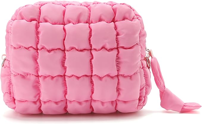 Puffy Quilted Makeup Bag Small Puffer Bag Cosmetic Bags Travel Toiletry Purse for Women, Cute Organizer Pouch, Pink