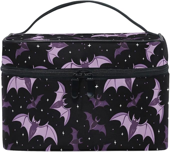 Makeup Train Case Halloween Purple Bats Carrying Portable Zip Travel Cosmetic Brush Bag Organizer Large for Women