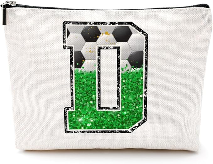 Soccer Gifts Initial Makeup Bag Monogrammed Cosmetic Bag Letter D Zipper Pouch Soccer Accessories for Girls Women Soccers Player Coach Friend Soccers Stuff Graduation Birthday Gifts