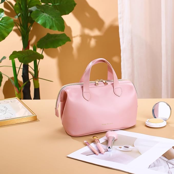 Travel Makeup Bag, Large Wide-open Cosmetic Bag Make Up Organizer Case for Women, Waterproof PU Leather Toiletry Bag Skincare Pouch for Toiletries Accessories Brushes