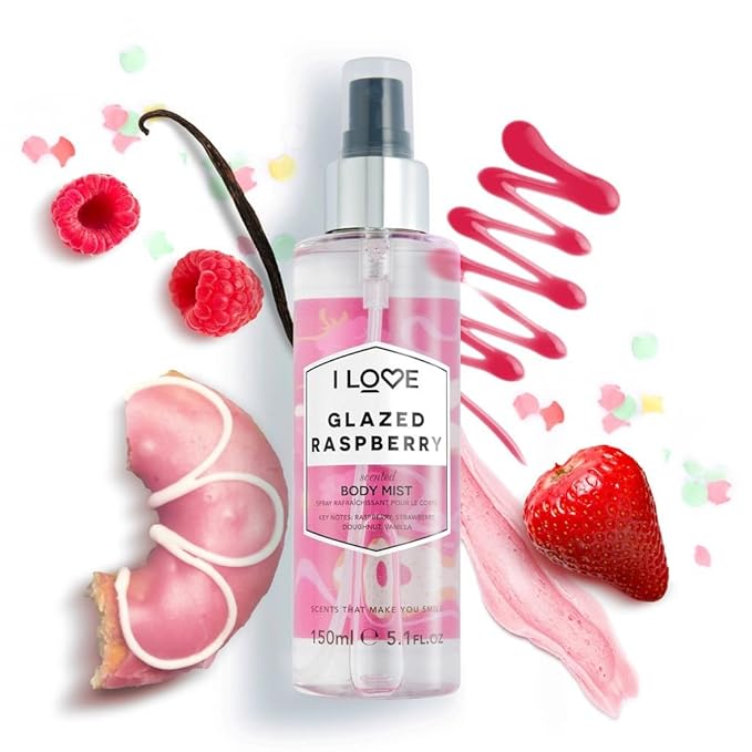I Love Glazed Raspberry Scented Body Mist - Body Mist Fragrance - Long Lasting Body Spray with Natural Fruit Extracts - Raspberry and Vanilla - 5.1 oz