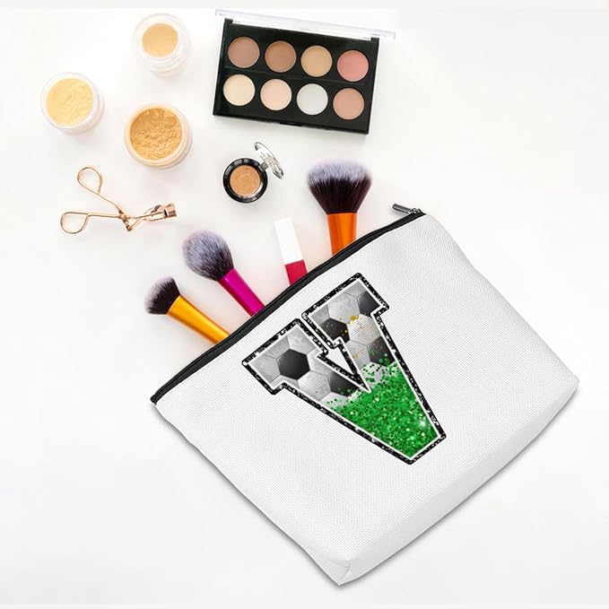 Soccer Gifts Initial Makeup Bag Monogrammed Cosmetic Bag Letter V Zipper Pouch Soccer Accessories for Girls Women Soccer Player Coach Friend Soccer Stuff Graduation Birthday Gifts