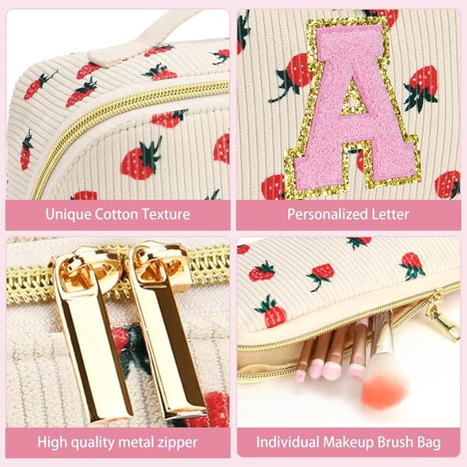 Personalized Travel Makeup Bag Set,Initial Travel Strawberry Makeup Organizer Bag,Toiletry Skincare Cosmetic Bag,Christmas Gifts for Women/Girls,Open Flat Toiletry Pouch with Brush Pocket-F