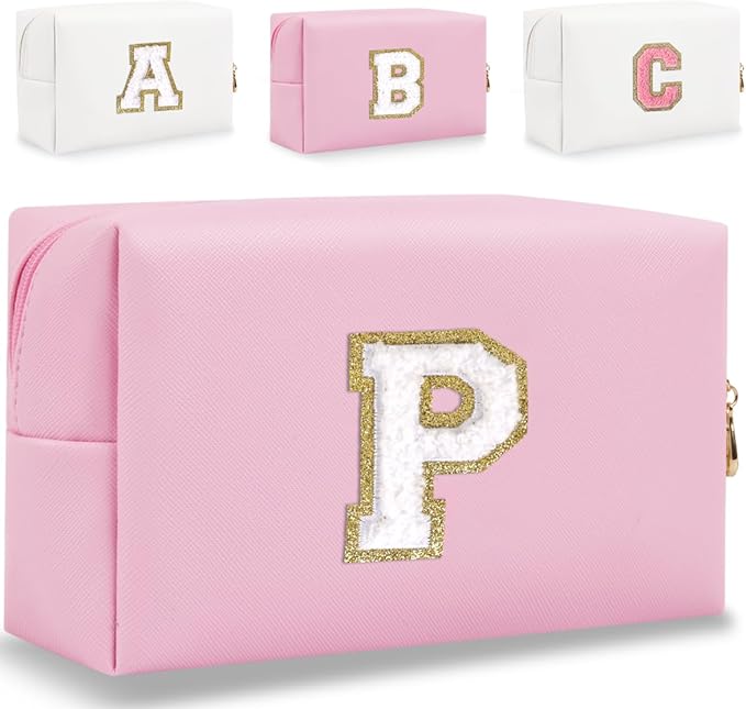 Small Personalized Letter Makeup Bag, Cute PU Leather Chenille Letters Cosmetic Bag Travel Makeup Pouch, Preppy Travel Organizer Zipper Pouch for Women&Girls（Pink-P）