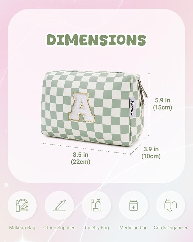Narwey Christmas Gifts Initial Makeup Bag for Teen Girls Kids Trendy Stuff 6 8 10 11 12 13 14 16 18 Years Old, Personalized Monogram Cosmetic Toiletry Bag, Birthday Gifts for Women Tween (Green A)