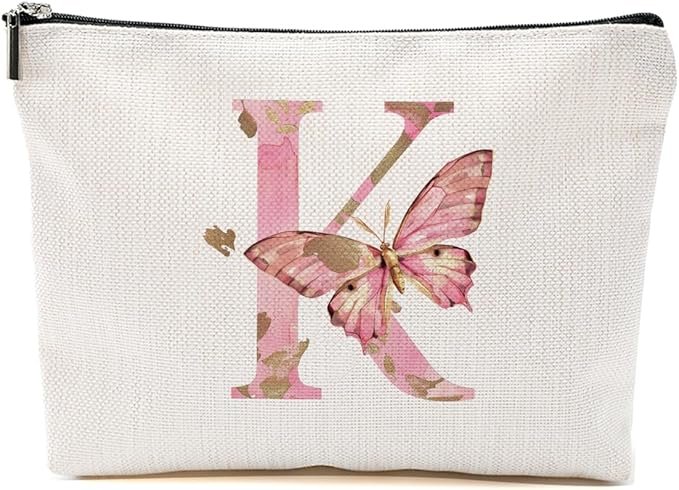 Initial Makeup Bag Pink Butterfly K Personalized Cosmetic Bag Monogrammed Gifts for Women Girls Bride Bridesmaid Monogram Zipper Pouch for Friendship Mothers Day Birthday Wedding Bridal Shower Gifts